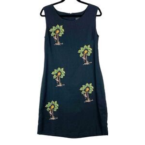 Vintage Black Embroidered Linen Shift Dress Sz 14 Monkey Palm Tree